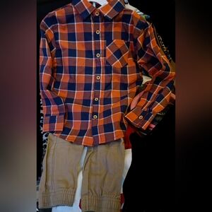 2 Piece Set Toddler Boys Orange and Blue Plaid Shirt with Khaki Pants 4t